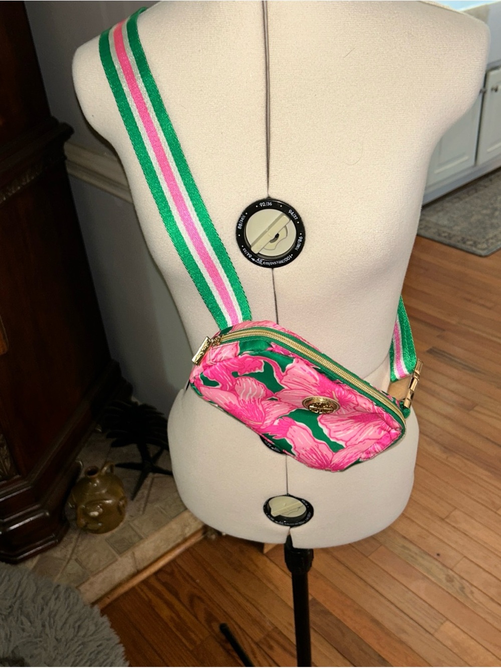 Lilly Pulitzer Pink Floral Crossbody Belt Bag with Green Trim